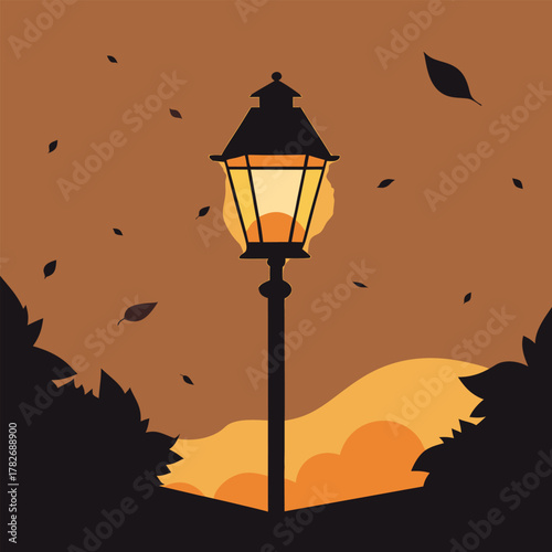 Vintage street lamp glowing at dusk with falling leaves