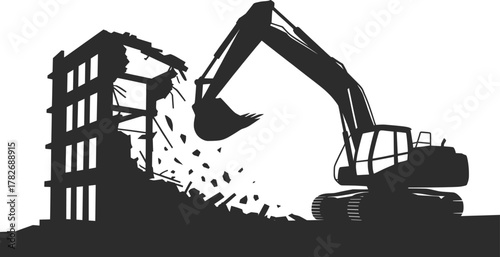 Building Demolition Excavator Silhouette Illustration.