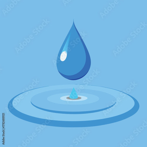 Water drop creating ripples on a blue background falling