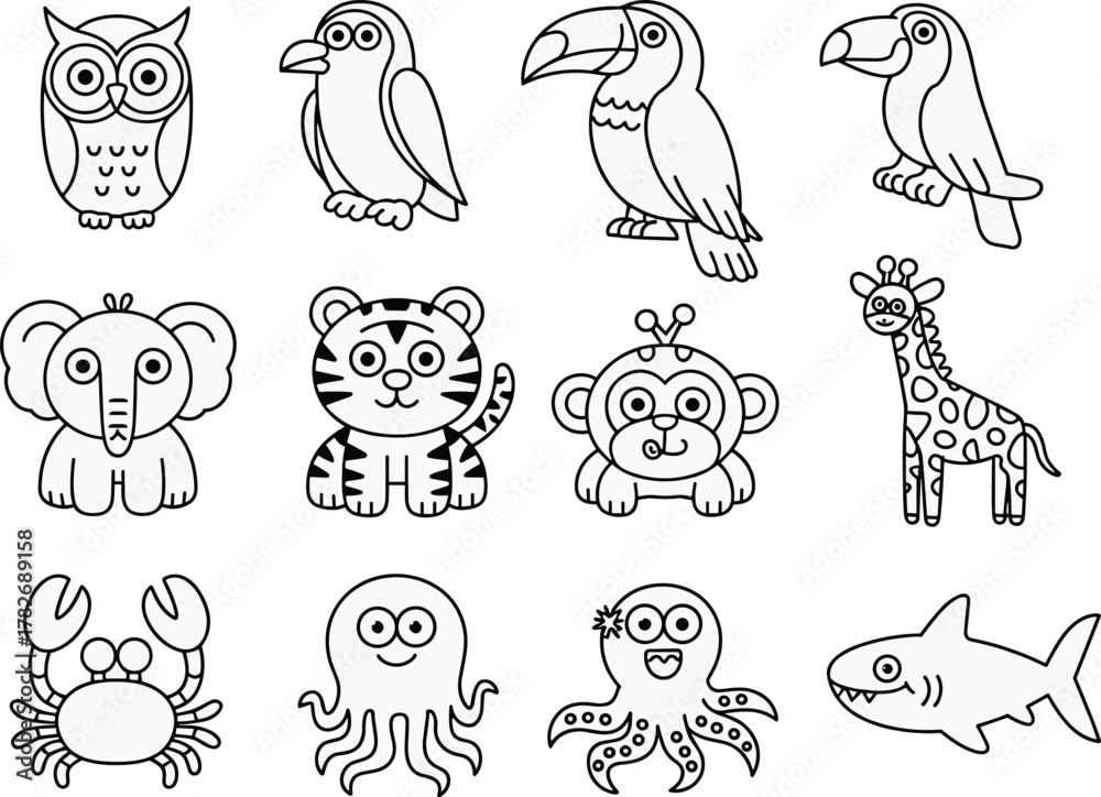 Naklejka premium Cute cartoon animal outline set including owl parrot toucan elephant tiger monkey giraffe crab octopus and shark for kids coloring page and stickers