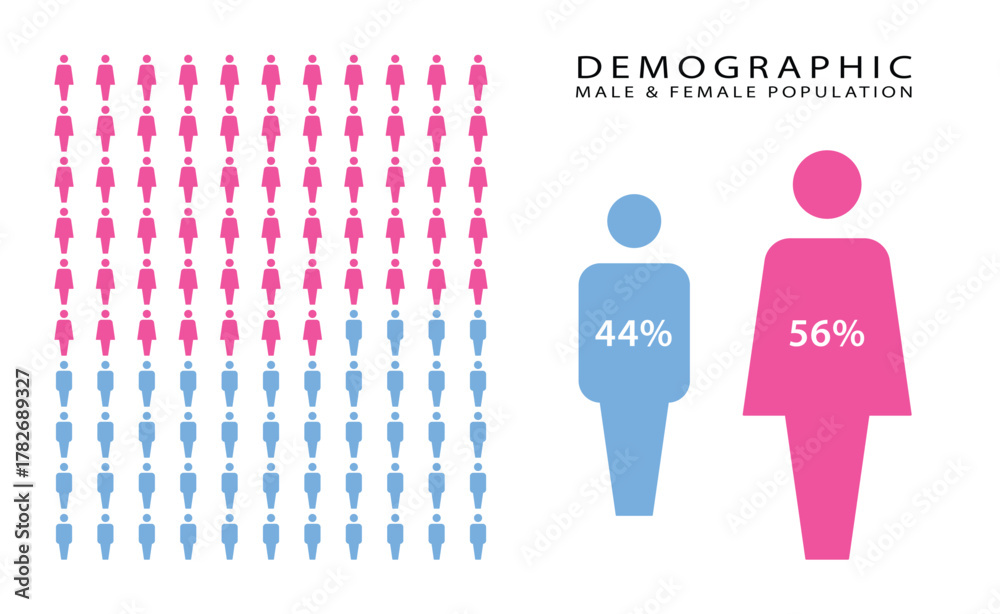© pingebat - 56% female, 44% male comparison infographic. Percentage men and women share