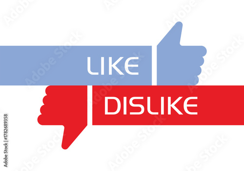 Like and dislike flat icon set with red and blue frame. thumbs up, thumbs down, vector icon