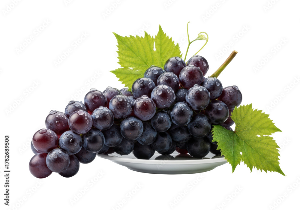 Fototapeta premium Perfect dark purple grapes, bloom and dewdrops on white plate with green leaves, transparent background, high key studio lighting, photorealistic macro, luxury fresh product concept