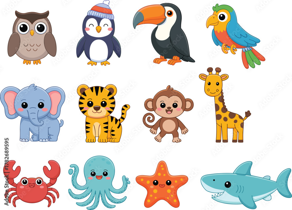 Obraz premium Cute cartoon animal collection set including jungle zoo sea and bird characters for kids learning materials coloring books stickers and clipart design