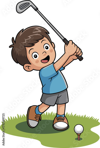 Cartoon child playing golf, sports activity, outdoor fun, golf swing pose, kids recreation, white background, energetic character, educational  child playing golf
