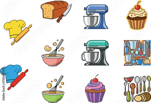 Baking kitchen clipart set with chef hats, rolling pins, mixers, cupcakes, bread, utensils, colorful cooking and pastry illustration icons