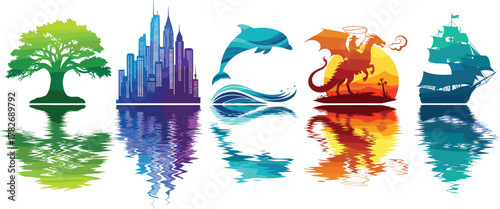 Colorful silhouette reflection set, tree, city skyline, dolphin ocean wave, dragon fantasy sunset, pirate ship illustration art collection