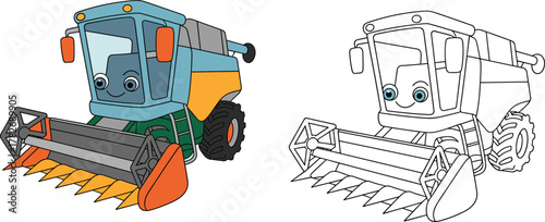 Cute cartoon harvester machine with smiling face in color and outline version for kids drawing book educational farming vehicle vector illustration isolated