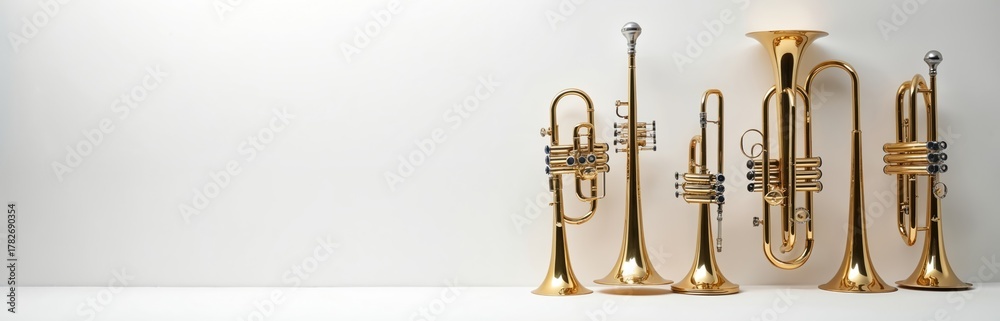Fototapeta premium Golden brass instruments on white background. Trumpets and tuba stand on surface. Shiny music tools for orchestra or band performance. Musical instruments for concert or melody creation.