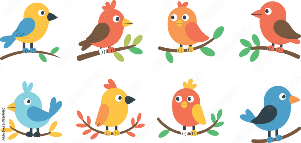 Fototapeta premium Cute colorful cartoon birds sitting on branches set, flat vector illustration for kids clipart, nursery decoration, spring forest animal bundle