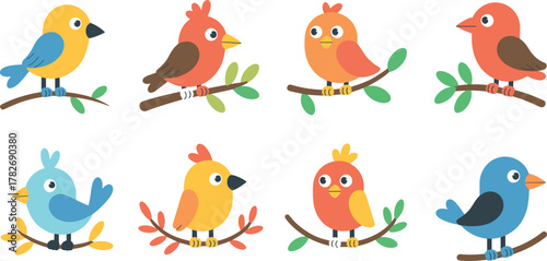 Cute colorful cartoon birds sitting on branches set, flat vector illustration for kids clipart, nursery decoration, spring forest animal bundle