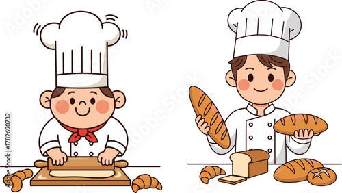 Cute cartoon bakers preparing bread and pastries, smiling chefs baking croissants and loaves in bakery kitchen illustration