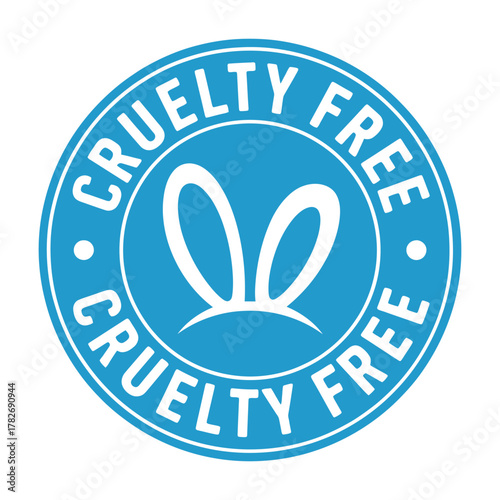 Blue circular cruelty free logo with white bunny ears symbol