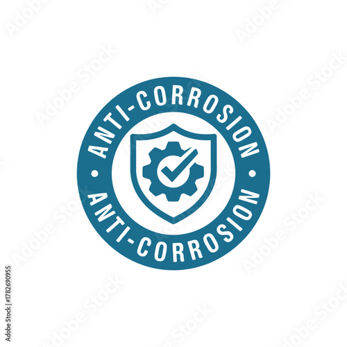 Circular anti corrosion emblem with shield and gear symbol