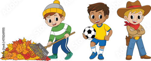 Cartoon children illustration, soccer player, cowboy costume, autumn leaf raking, kids activity, seasonal outfit, cheerful boys, white background
