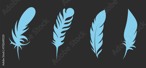 A set of six black feather illustrations arranged on a white background in a symmetrical pattern