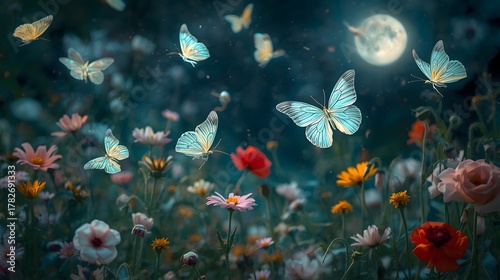 Fototapeta Naklejka Na Ścianę i Meble -  Glowing Butterflies at Night Photo