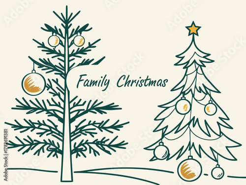 Personalised Family Christmas Tree Wall Art | Custom Gold Evergreen Line Vector Print