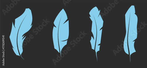 A set of six black feather illustrations arranged on a white background in a symmetrical pattern