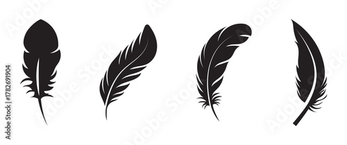 Simple, elegant feather silhouette graphic design. Feather vector icon logo or illustration. Black feather silhouette vector set. Different bird feathers icon collection. Vintage quill pen writing.