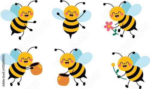 Cute smiling honey bees in flat cartoon vector style holding honey pots and flowers, playful spring insect illustration set for kids design and craft assets