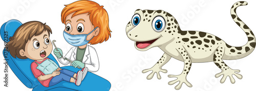 Cartoon dentist examining child, dental checkup scene, anxious girl, gecko illustration, reptile character, white background, educational kids art
