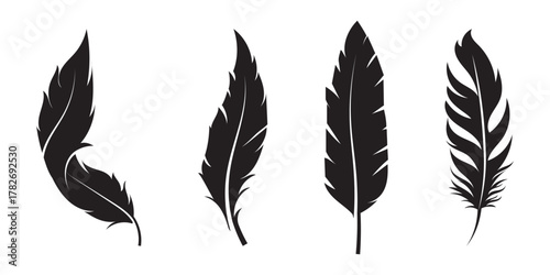 Vector Feather Icons collection. Black feather silhouette set. Bird Feather silhouette vector set. bird feather vector illustration icon . eps 10