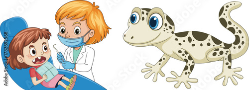 Cartoon dentist examining child, dental checkup scene, surprised girl, gecko illustration, reptile character, white background, educational kids art