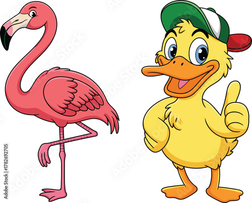 Cartoon duck and flamingo, colorful birds, kids illustration, tropical animal, thumbs up duck, pink flamingo, white background, cheerful pose
