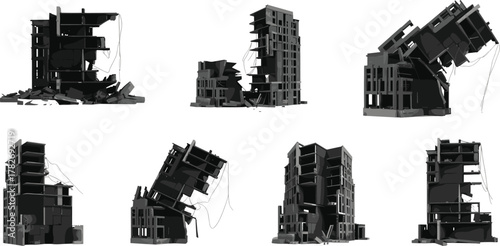 Damaged Building Icon Set Featuring Collapsed Structures, Debris, and Exposed Interiors for Disaster Illustration, Urban Risk Design, and Vector Graphics