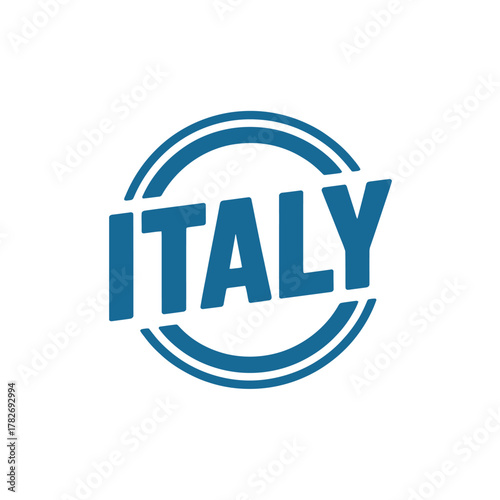 Bold blue stamp or seal featuring the word italy inside a circular border