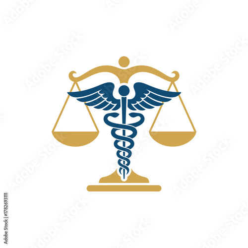 Symbol of medical law and justice with caduceus and scales of justice