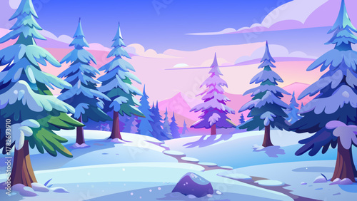 Snowy Forest Landscape with Purple Sunset Sky
