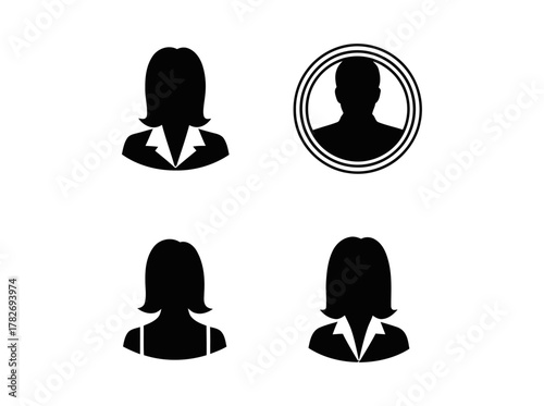 Simple black silhouettes of four people one men and three women