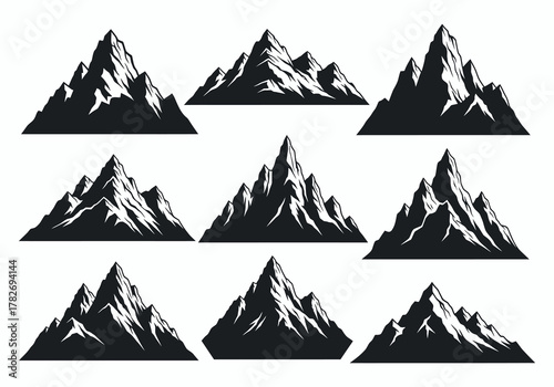 Nine black and white mountain peaks arranged in a simple grid pattern