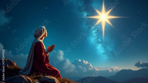 Virgin Mary praying serenely with celestial halo. Religious devotional portrait of blessed mother in meditation against starry universe and shining moon.