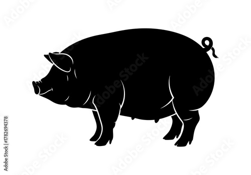 Simple black silhouette of a pig standing in profile view