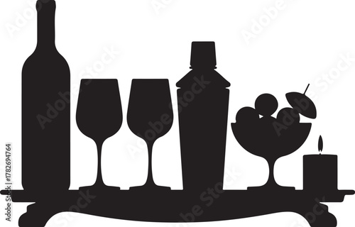 Home Bar Decor Silhouette Wine Bottle Glasses Shaker Tray Fruit Bowl Candle Icon Set