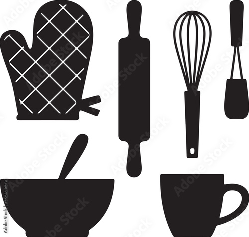 Home Baking Decor Silhouette Oven Mitt Rolling Pin Whisk Bowl Cup Icon Set