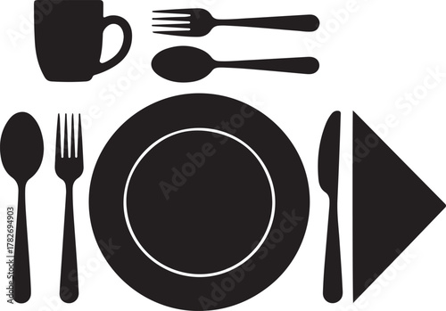 Home Dinner Setup Silhouette Plate Spoon Fork Cup Napkin Icon Set