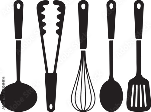Home Cooking Utensils Silhouette Ladle Tongs Whisk Spoon Knife Spatula Kitchen Icon Set