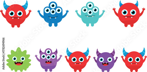 Cartoon monsters vector illustration, colorful cute creatures, kids character design, playful fantasy icons, isolated flat style, cad drawing flat vector illustration