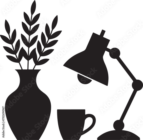 Home Office Decor Silhouette Vase Lamp Cup Workspace Icon Set