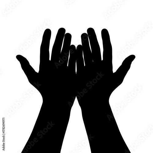Two dark hands raised upwards against a plain white background