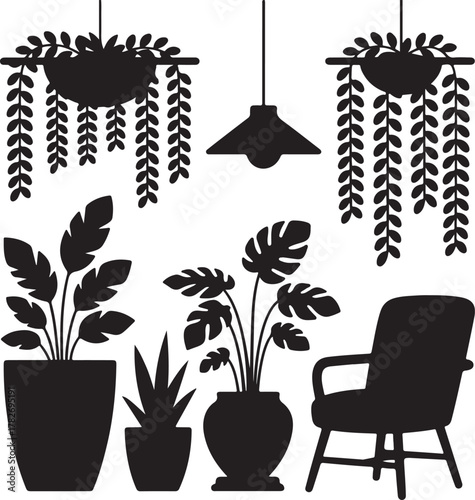 Indoor Jungle Decor Silhouette Large Pots Hanging Vines Lamp Chair Icon Set