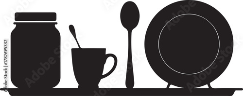 Kitchen Counter Organization Silhouette Jar Cup Spoon Plate Tray Icon Set