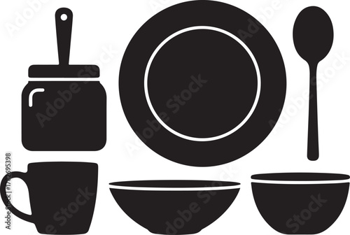 Kitchen Counter Items Silhouette Mug Plate Jar Bowl Spoon Icon Set