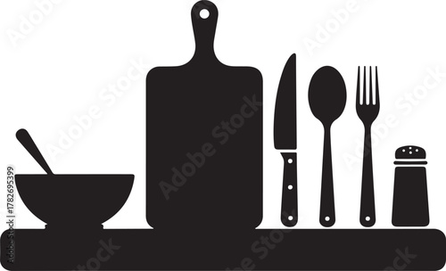 Kitchen Counter Setup Silhouette Cutting Board Knife Spoon Fork Bowl Salt Shaker Icon Set
