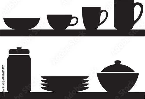 Kitchen Shelf Display Silhouette Cups Plates Jar Bowl Icon Set