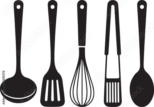 Kitchen Wall Hooks Silhouette Ladle Spatula Whisk Tongs Spoon Icon Set